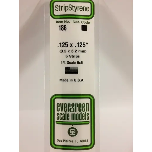 Evergreen 186 White Polystyrene Strip 0.125 x 0.125 x 14" / 3.2mm x 3.2mm x 36cm (6)