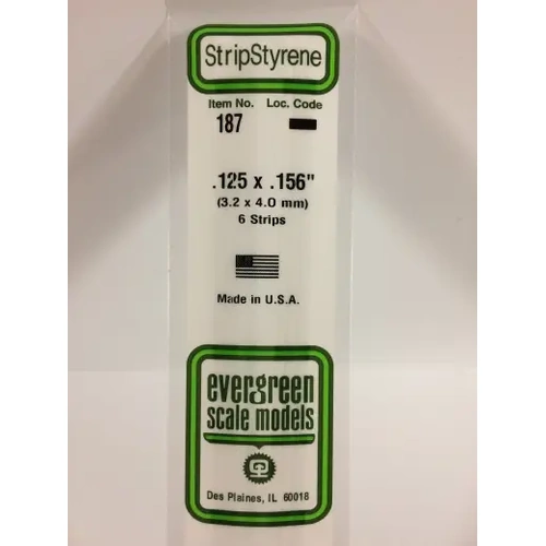 Evergreen 187 White Polystyrene Strip 0.125 x 0.156 x 14" / 3.2mm x 4mm x 36cm (6)