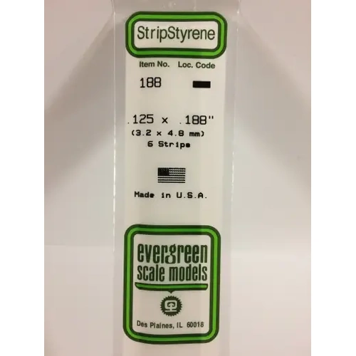 Evergreen 188 White Polystyrene Strip 0.125 x 0.188 x 14" / 3.2mm x 4.8mm x 36cm (6)