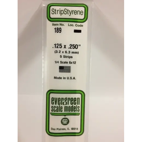 Evergreen 189 White Polystyrene Strip 0.125 x 0.250 x 14" / 3.2mm x 6.4mm x 36cm (5)