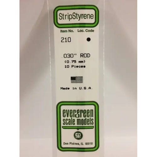 Evergreen 210 White Polystyrene Rod 0.030 x 14" / 0.76mm x 36cm (10)