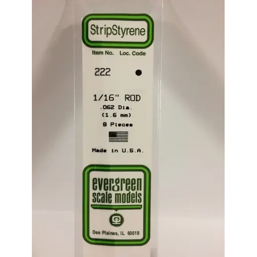 Evergreen 222 White Polystyrene Rod 0.062 x 14" / 1.6mm x 36cm (8)