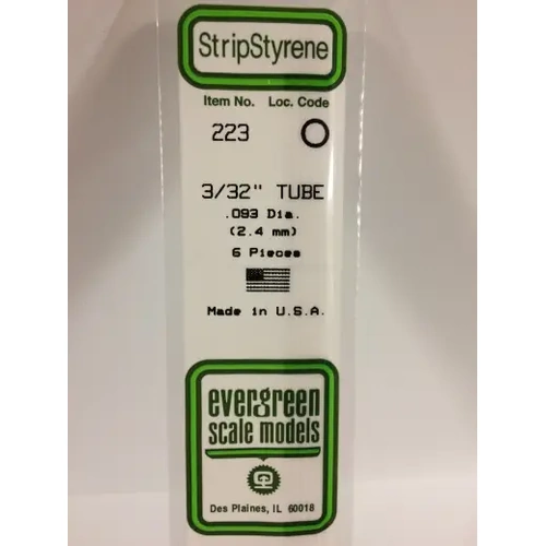 Evergreen 223 White Polystyrene Tube 0.093 x 14" / 2.4mm x 36cm (6)