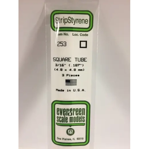 Evergreen 253 White Polystyrene Square Tube 0.188 x 14" / 4.8mm x 36cm (3)