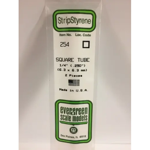 Evergreen 254 White Polystyrene Square Tube 0.250 x 14" / 6.4mm x 36cm (2)