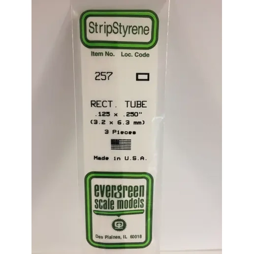 Evergreen 257 White Polystyrene Rectangular Tube 0.125 x 0.250 x 14" / 3.2mm x 6.4mm x 36cm (3)