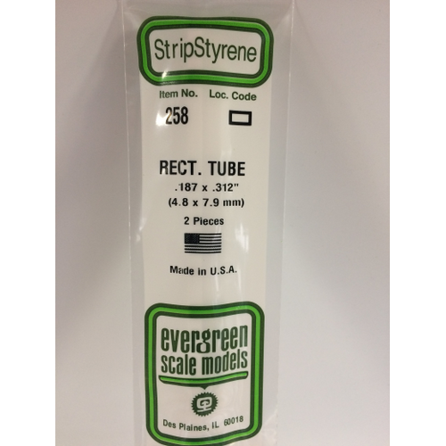 Evergreen 258 White Polystyrene Rectangular Tube 0.187 x 0.312 x 14" / 4.7mm x 7.9mm x 36cm (2)