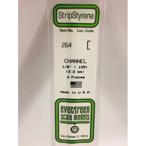 Evergreen 264 White Polystyrene Channel 0.125 x 14" / 3.2mm x 36cm (4)