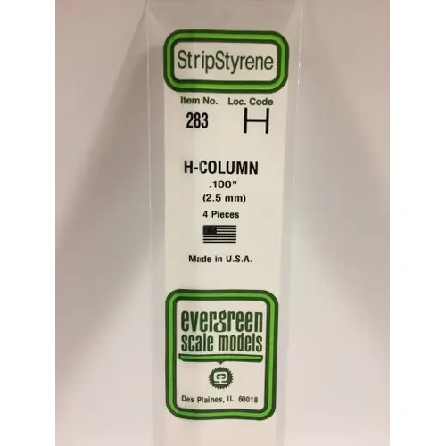 Evergreen 283 White Polystyrene H-Column 0.100 x 14" / 2.5mm x 36cm (4)