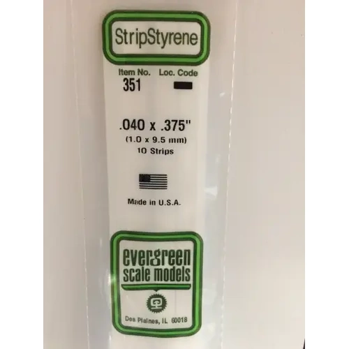 Evergreen 351 White Polystyrene Strip 0.040 x 0.375 x 24" / 1mm x 9.5mm x 61cm (10)