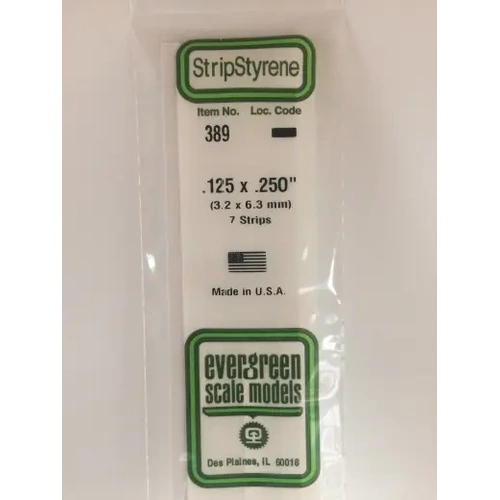 Evergreen 389 White Polystyrene Strip 0.125 x 0.250 x 24" / 3.2mm x 6.4mm x 61cm (7)