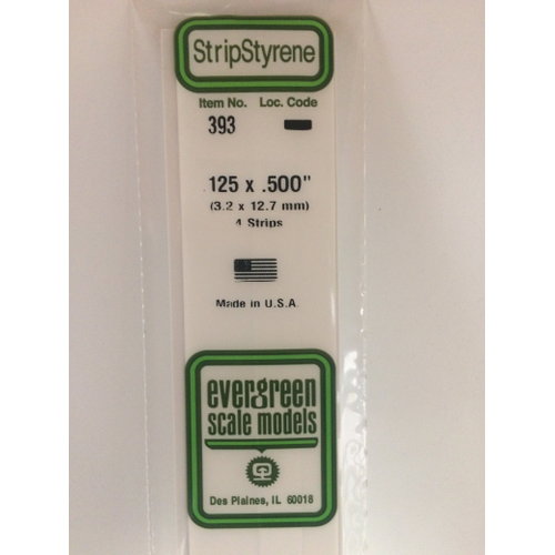 Evergreen 393 White Polystyrene Strip 0.125 x 0.500 x 24" / 3.2mm x 12.7mm x 61cm (4)