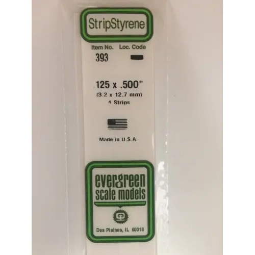 Evergreen 393 White Polystyrene Strip 0.125 x 0.500 x 24" / 3.2mm x 12.7mm x 61cm (4)