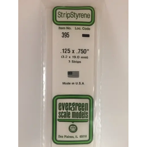 Evergreen 395 White Polystyrene Strip 0.125 x 0.750 x 24" / 3.2mm x 19.1mm x 61cm (3)