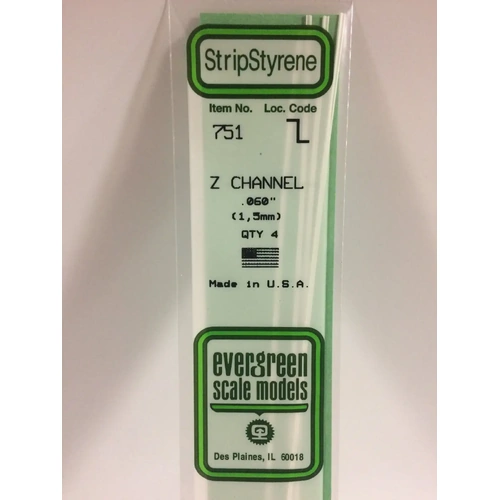 Evergreen 751 White Polystyrene Z Channel .060 x .030 x 14" / 1.5mm x 0.76mm x 36cm (4)