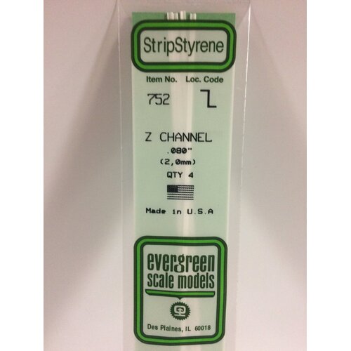 Evergreen 752 White Polystyrene Z Channel .080 x .040 x 14" / 2mm x 1mm x 36cm (4)