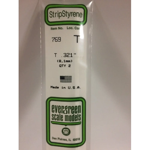 Evergreen 769 White Polystyrene T Profile 0.321 x 0.321 x 14" 0.106 Thick / 8.2mm x 8.2mm x 36cm (2)