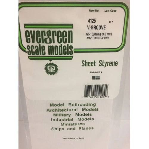 Evergreen 4125 White Polystyrene V-Groove Siding Sheet 0.125 x 6 x 12" / 3.2mm x 15cm x 30cm (1)