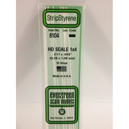 Evergreen 8104 White Polystyrene HO Scale Strip 0.011 x 0.046 x 14" (10)