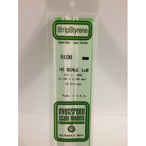 Evergreen 8108 White Polystyrene HO Scale Strip 0.011 x 0.092 x 14" (10)