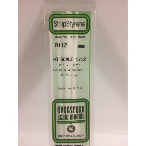 Evergreen 8112 White Polystyrene HO Scale Strip 0.011 x 0.138 x 14" (10)