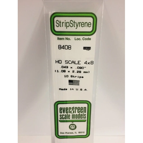 Evergreen 8408 White Polystyrene HO Scale Strip 0.046 x 0.092 x 14" (10)