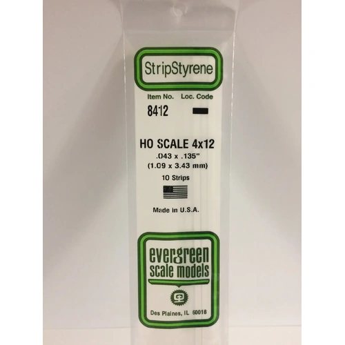 Evergreen 8412 White Polystyrene HO Scale Strip 0.046 x 0.138 x 14" (10)