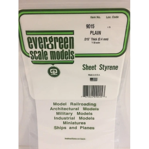Evergreen 9015 White Polystyrene Sheet 0.015 x 6 x 12" / 0.38mm x 15cm x 30cm (3)