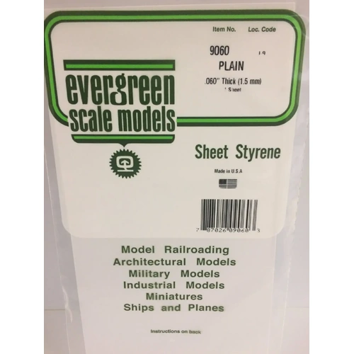 Evergreen 9060 White Polystyrene Sheet 0.060 x 6 x 12" / 1.5mm x 15cm x 30cm (1)