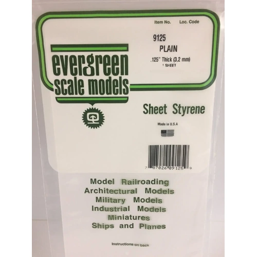 Evergreen 9125 White Polystyrene Sheet 0.126 x 6 x 12" / 3.2mm x 15cm x 30cm (1)