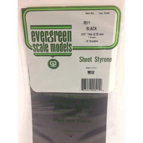 Evergreen 9511 Black Polystyrene Sheet 0.010 x 6 x 12" / 0.25mm x 15cm x 30cm (4)