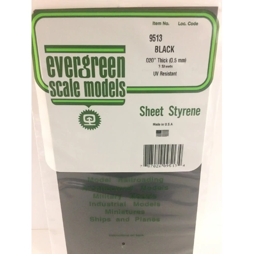 Evergreen 9513 Black Polystyrene Sheet 0.020 x 6 x 12" / 0.51mm x 15cm x 30cm (3)