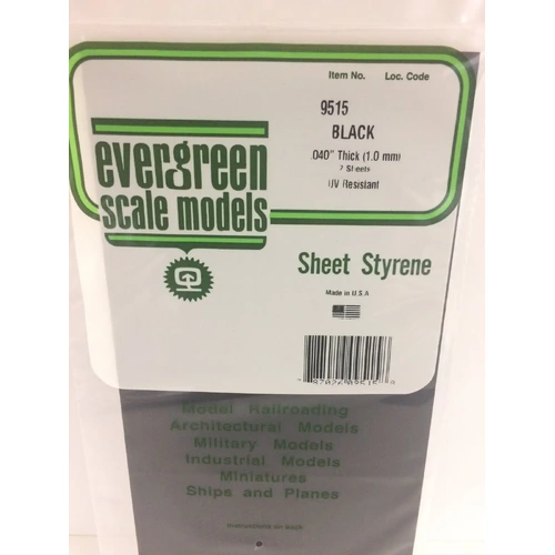 Evergreen 9515 Black Polystyrene Sheet 0.040 x 6 x 12" / 1mm x 15cm x 30cm (2)