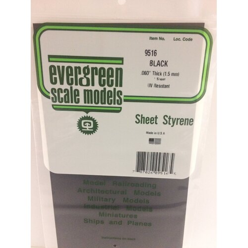 Evergreen 9516 Black Polystyrene Sheet 0.060 x 6 x 12" / 1.5mm x 15cm x 30cm (1)
