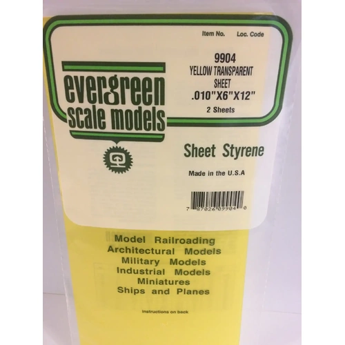 Evergreen 9904 Transparent Yellow Polystyrene Sheet 0.010 x 6 x 12" / 0.25mm x 15cm x 30cm (2)