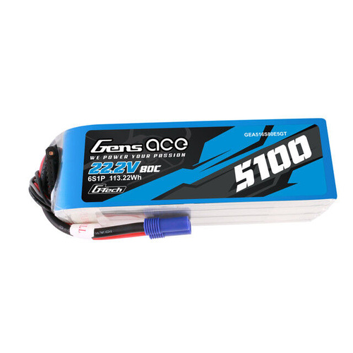 Gens Ace 6S 5100mAh 22.2V 80C Soft Case LiPo Battery (EC5) - GEA6S510080E5
