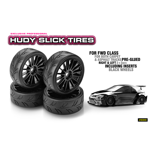 Hudy 1/10 Pre-Cut Slick Belted Tires Right & Left 2+2Pcs Black - HD803041