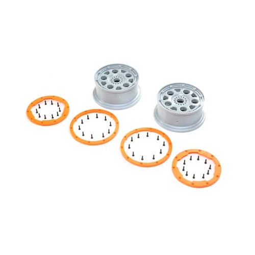 Losi Wheels, Silver, Orange Bead Lock, 2pcs, DBXL-E 2.0