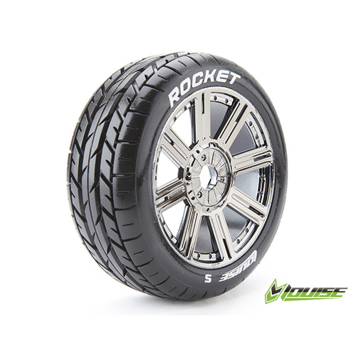 Louise RC - B-ROCKET - 1-8 Buggy Tire Set - Mounted - Soft - Black-Chrome Spoke Wheels - Hex 17mm - L-T3190SBC