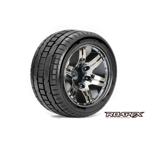 ROAPEX TRIGGER 1/10 STADIUM TRUCK TIRE CHROME BLACK WHEEL WITH 1/2 OFFSET 12MM HEX MOUNTED