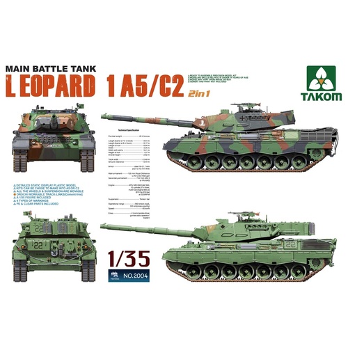 Takom 1/35 Main Battle Tank Leopard 1 A5/2C 2 in 1 Plastic Model Kit - TK2004