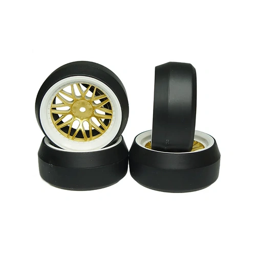 Yeah Racing 1.9" (+6mm Off-Set) Spec D Drift Tyres on White/Gold Mesh Rims - Wheels 4Pcs