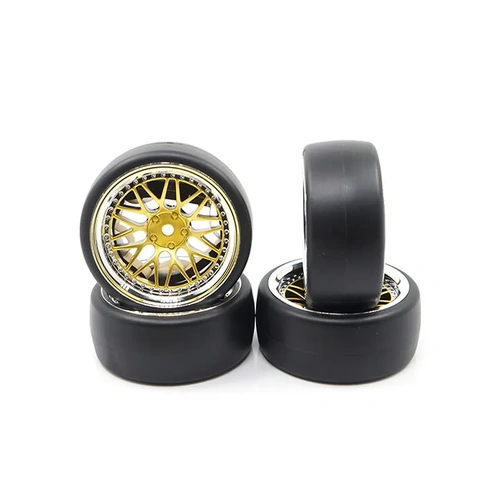 Yeah Racing 1.9" (+6mm Off-Set) Spec D Drift Tyres on Chrome/Gold Mesh Rims - Wheels 4Pcs