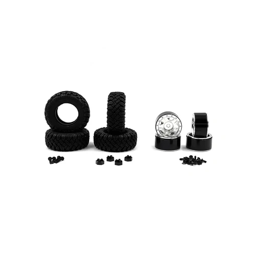 Yeah Racing 1.0" Soft Micro Tyres on Silver 5 Spoke Rims w/ Hexes - Beadlocked Wheels 4Pcs