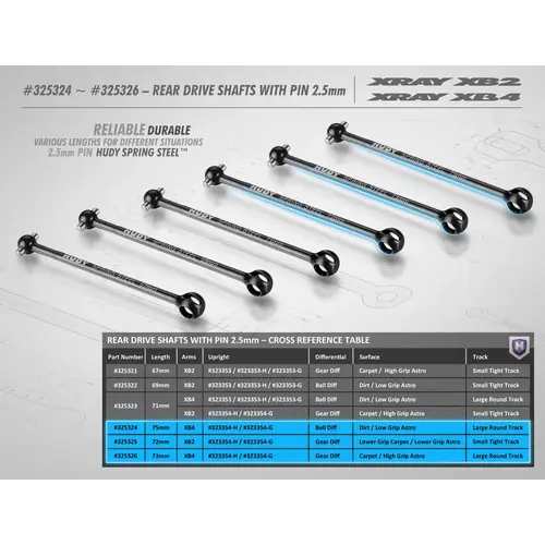 XRAY REAR DRIVE SHAFT 72MM WITH 2.5MM PIN - HUDY SPRING STEEL. - XY325325
