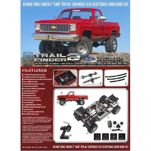 RC4WD Trail Finder 2 "LWB" W/ Chevrolet K10 Scottsdale Hard Body Set Red RTR - Z-RTR0066